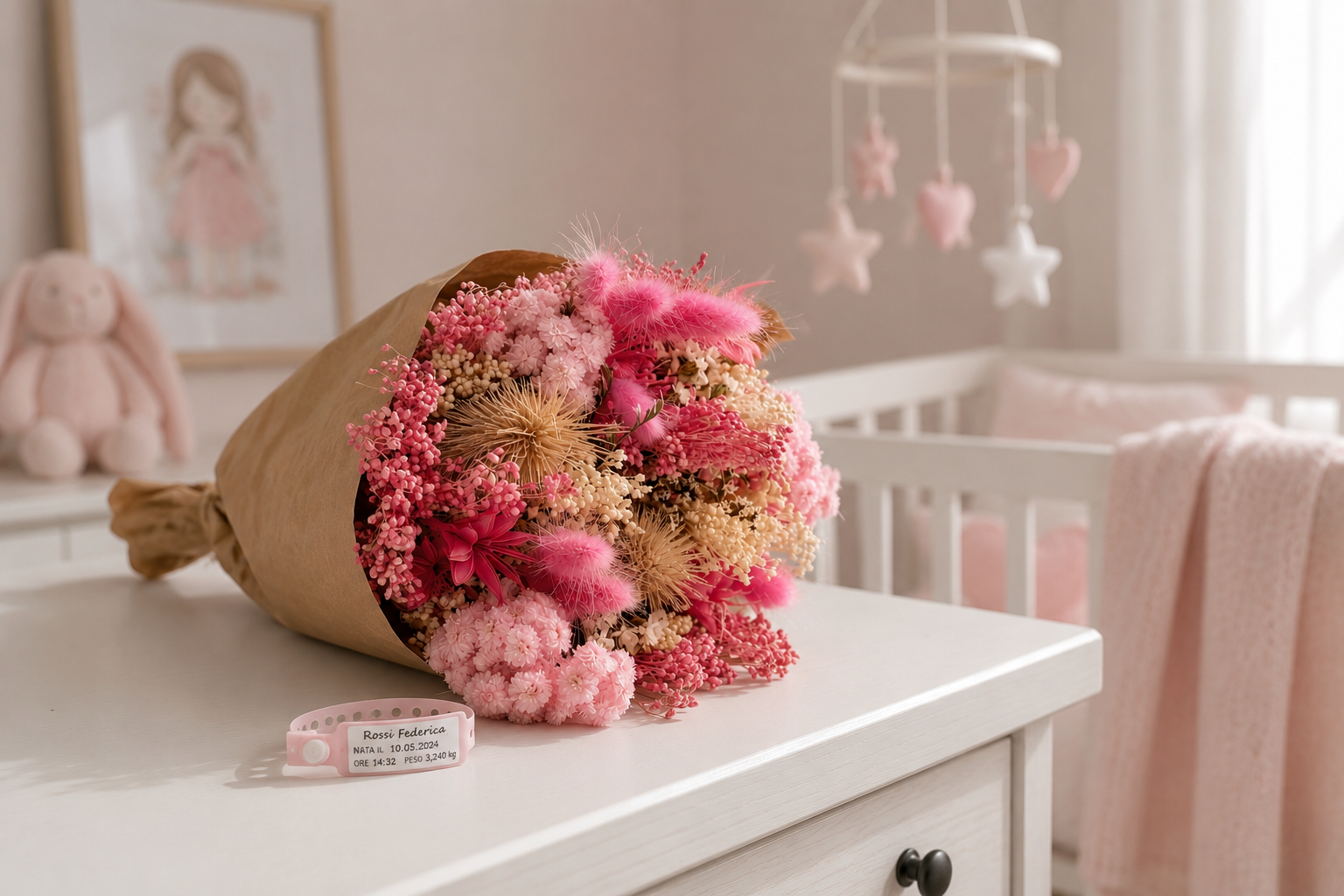 regalo nascita, bouquet eterno rosa